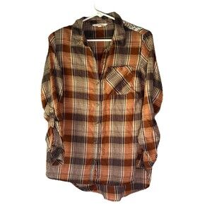 Linda Anderson Crochet Back Plaid Shirt Small Flannel Buttons